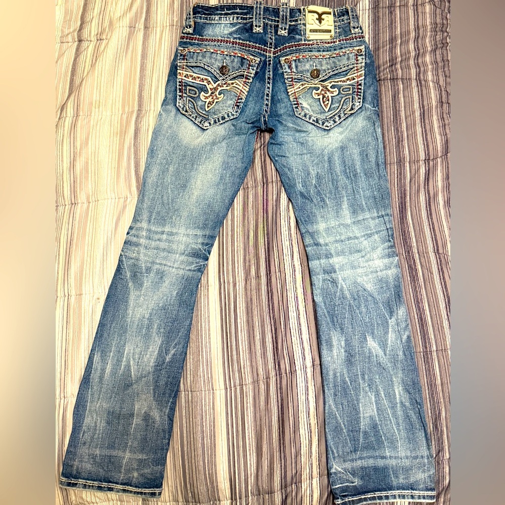 Rock Revival Men's Straight Jeans Blue Fleur-de-Lis Embroidery Size 30